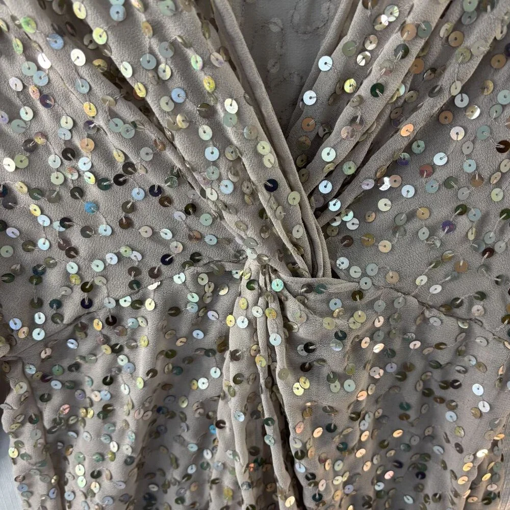 ASOS Beige Sequin Wrap Mini Dress With Flared Sleeves V-Neck Size 6 Polyester Bl - Picture 4 of 8
